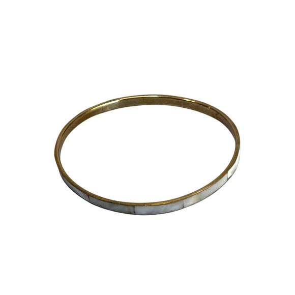 Gold-Tone Thin Bangle Bracelet With Inlaid Abalone Shell Design - Picture 2 of 5